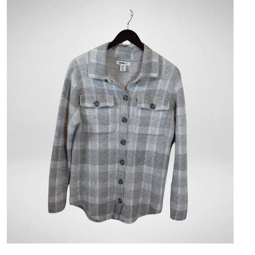 WILLIAM RAST Womens Size Small Gray Check Plaid SOFT & FUZZY Buttoned Sweater
